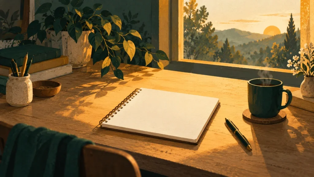 A clean desk with a single notebook and a cup of coffee in morning light